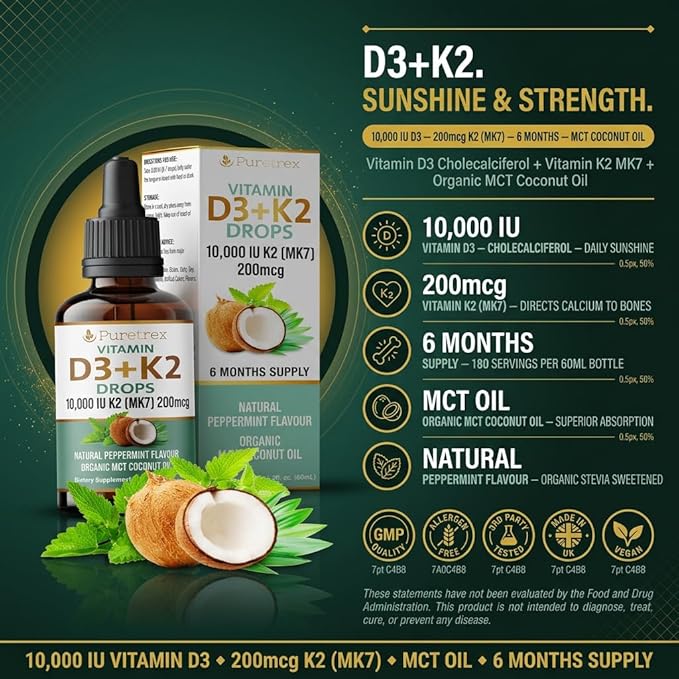 Vitamin D3 + K2 Drops 10000 IU D3 with 200mcg K2 (MK7) Peppermint Flavour Organic MCT Coconut Oil 60mL 6 Month Supply