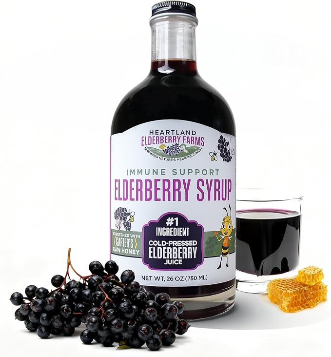 Heartland Organic Elderberry Syrup - Cold Pressed Elderberry Juice Zero Water Added - Immune Support for Kids &amp Adults - Made with Raw Honey Ginger Cinnamon &amp Star Anise - 26 fl oz (750 ml)