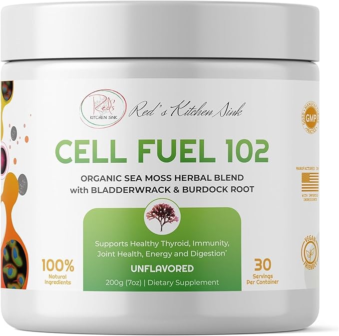 Red's Kitchen Sink Cell Fuel 102 – Organic Sea Moss Powder with Bladderwrack &amp Burdock Root | Dr. Sebi Inspired Herbal Blend | Vegan Natural 30 Servings (7oz)