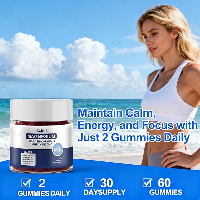 Magnesium Complex Gummies for Women &amp Men Calm Magnesium Gummies for Women &amp Men 14-in-1 with Ashwagandha L-Theanine Vitamin D3 &amp Zinc 60 Count (1)