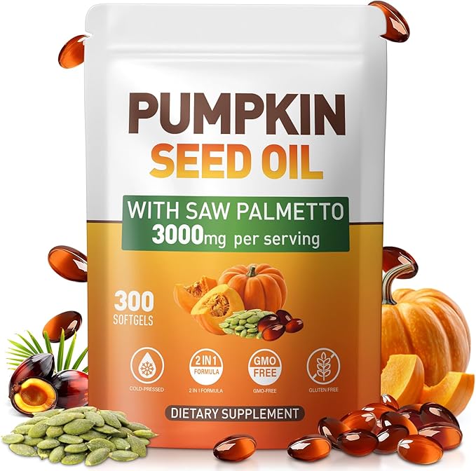 Pumpkin Seed Oil Capsules - Cold Pressed Pure Virgin Oil Essential Fatty Acids and Plant Sterols | 300 Capsules | Supports Hair Urinary Bladder and Prostate Health | Non-GMO