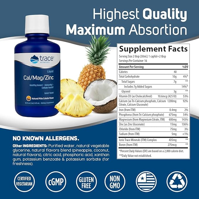 Trace Minerals Cal/Mag/Zinc - Liquid Mineral Supplement for Natural Body Health - Bone Muscle &amp Cellular Health - Supports Immunity &amp Energy - Gluten-Free - 16Fl Oz (32 Servings) - Pineapple