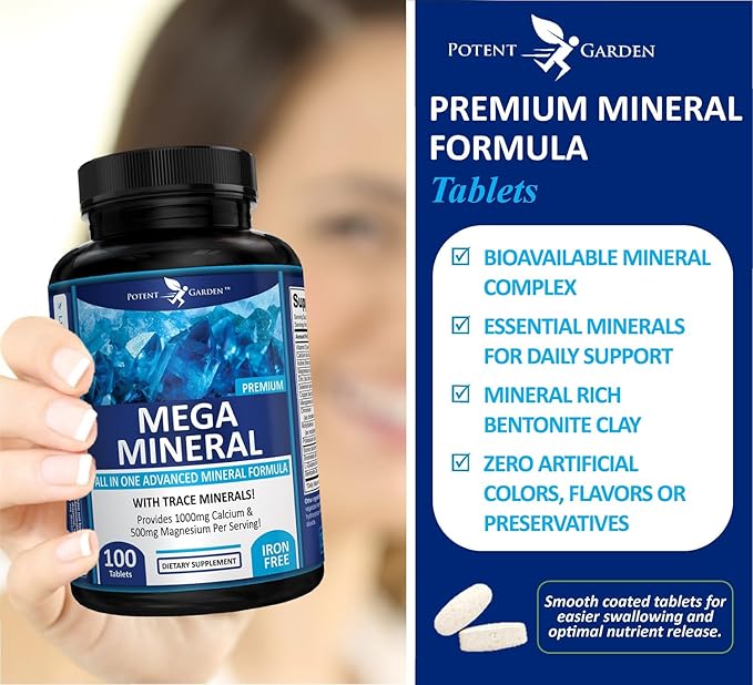 Potent Garden 2-Pack Mega Mineral Supplement Complete Mineral Complex with Calcium Magnesium Zinc Potassium Boron Selenium Chromium &amp 72 Trace Minerals Iron Free Calcium Supplement -200 Pills