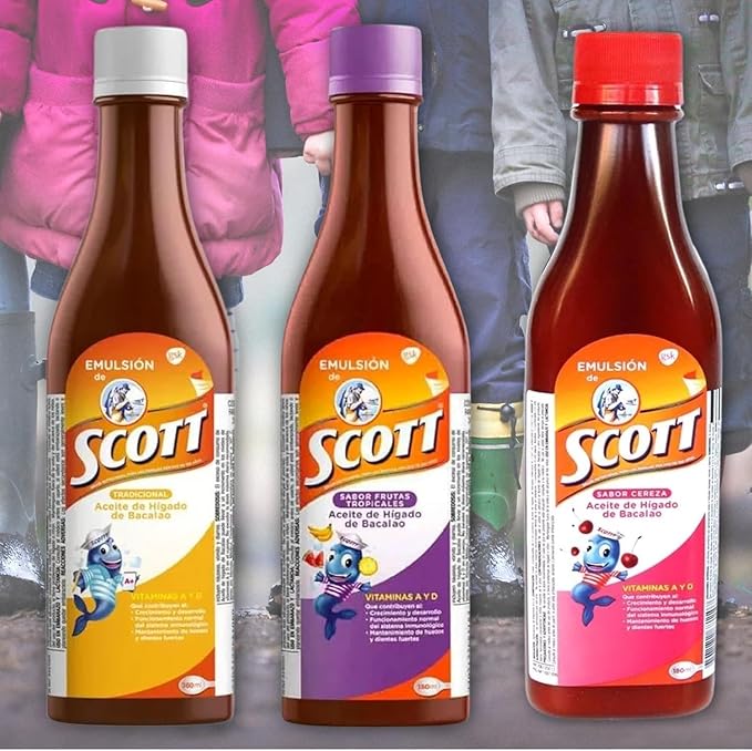 Emulsion de Scott Aceite de hígado de bacalao sabor Frutas Tropicales Pack de 2 de 6.1 fl oz - 180 ml - Suplemento dietético para niños con vitamina A y Calcio