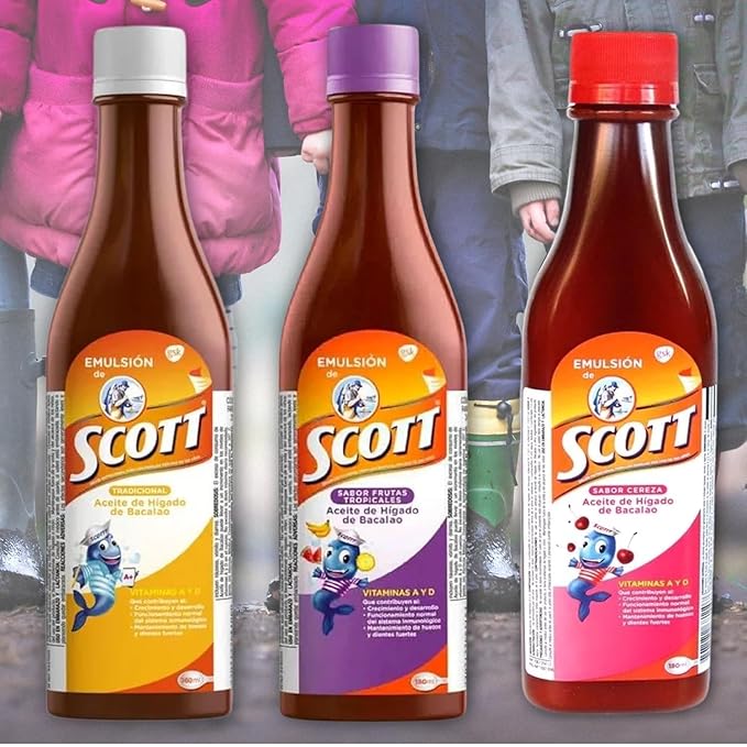 Emulsion de Scott Aceite de hígado de bacalao sabor Cereza - pack de 2 de 6.1 fl oz - 180 ml - Suplemento dietético para niños con vitamina A y calcio.