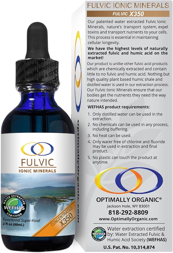 Optimally Organic Water Extracted Fulvic Ionic Minerals X350 - Patented BioActive Fulvic Acid Humic Acid Trace Minerals Electrolytes &amp Essential Amino Acids - 8+ Month Supply!