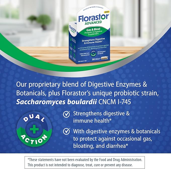 Florastor Advanced Gas and Bloat Probiotic Digestive Enzymes and Botanicals Plus Probiotics for Digestive Health 30 Capsules
