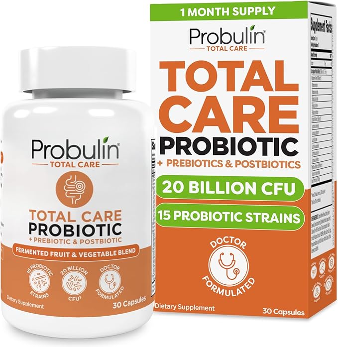 Probulin Total Care Probiotic Supplement Daily Gut Digestive and Immune Health Probiotics Capsules for Men and Women 20 Billion CFU Vegan 30 Count Bottle