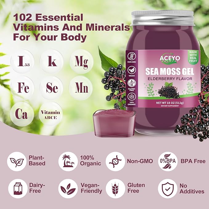 (18 OZ) Irish Elderberry Sea Moss Gel Organic Raw Vegan Flavor 102 Vitamins and Minerals Wild Harvested Non-GMO Immune Defense Booster Thyroid Digestive Support