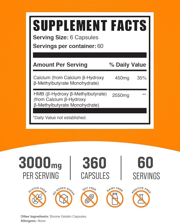 BulkSupplements.com HMB Capsules - as Calcium HMB Supplement Beta-Hydroxy Beta-Methylbutyrate - Gluten Free 6 Capsules per Serving (3000mg) 360 Count (Pack of 1)