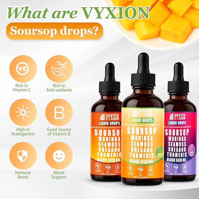 Soursop Bitters Liquid Drops 10 in 1 with Sea Moss Ashwagandha | Original &amp Tropical Mango Flavor Combo | 2-Pack (2 Fl Oz Each) | Herbal Extracts for Overall Health | Vegan Non-GMO Gluten-Free