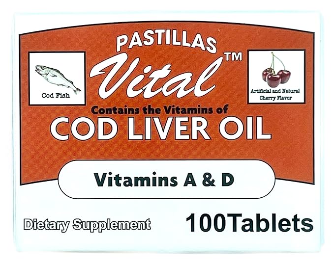 Pastillas Vital Cod Fish Liver Oil 100 Tablets Vitamin A &amp D and Reinforced with Vitamin C