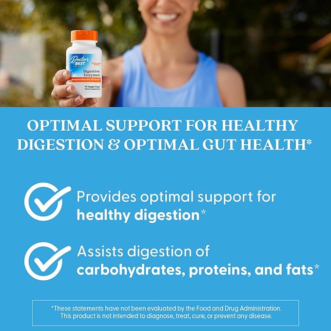 Doctor's Best Digestive Enzymes Supplement for Women &amp Men - Supports Gut Health Digestion &amp Overall Wellness Formulated with Amylase Super Enzyme Blend for Food Break Down Non GMO - 90 V