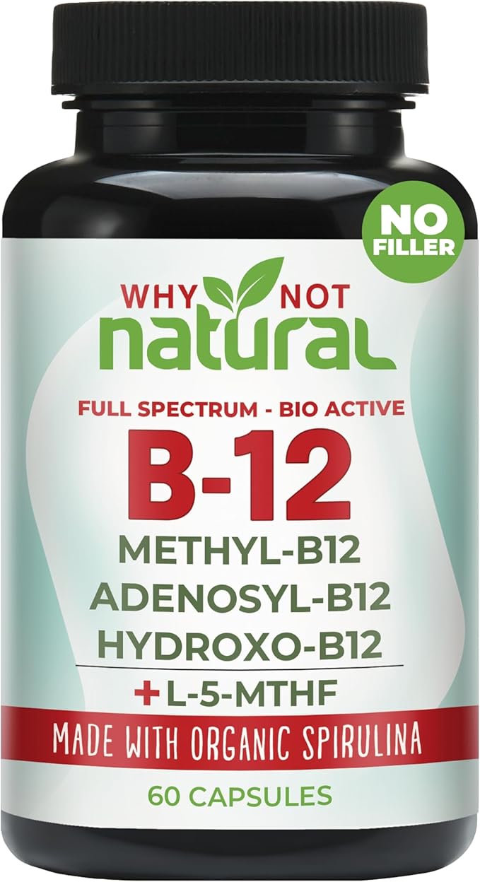 Why Not Natural Vitamin B12 5000 mcg Supplement with Methylcobalamin Adenosylcobalamin and Hydroxy B12 Complex with Methylfolate 1000 mcg L-5-MTHF Made with Organic Spirulina