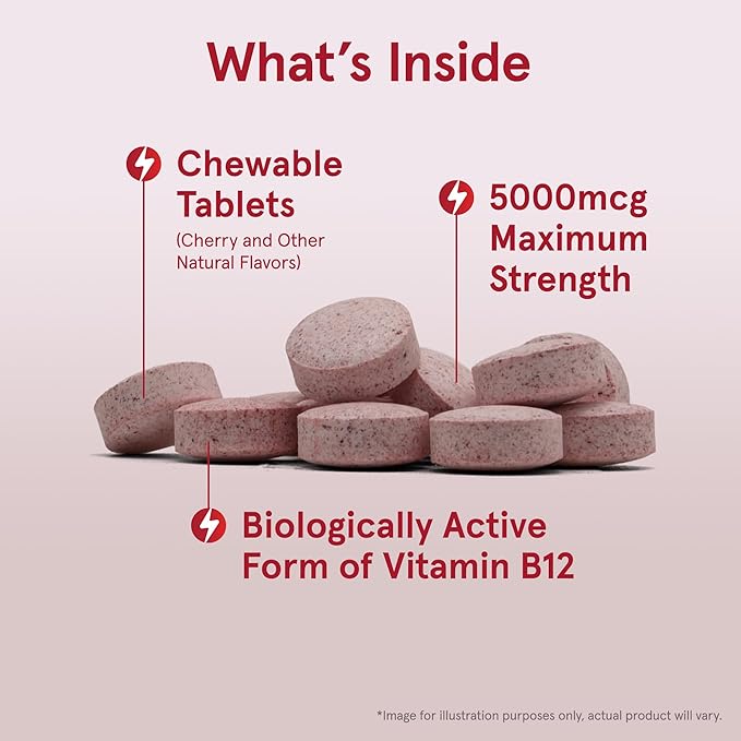 Jarrow Formulas Vitamin B12 5000 mcg - Maximum Strength for Cellular Energy and Brain Health 90 Cherry Chewable Tablets B12 Vitamins 5000 mcg