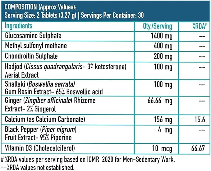 Senta Health K Joint Support Supplement with Glucosamine 1400mg Chondroitin Calcium and Vitamin D3 for Joint Strength Mobility and Flexibility 60 Joint Support Tablet
