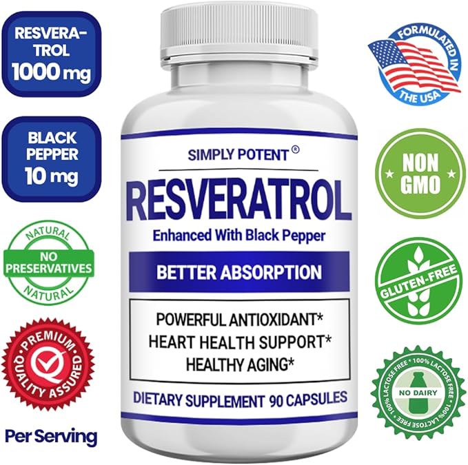 Simply Potent Resveratrol 1000mg Supplement with Black Pepper for Max Absorption Antioxidant &amp Anti-Aging Pills for Heart Immune &amp Skin Health 90 Capsules