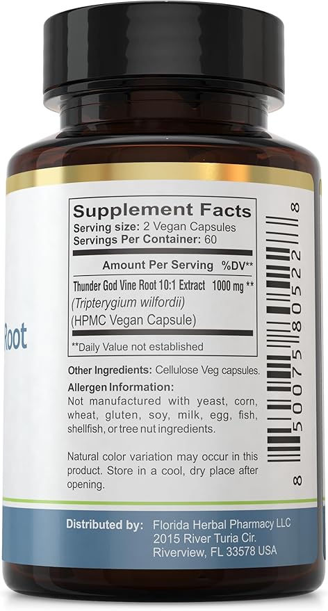 Florida Herbal Pharmacy Thunder God Vine Root Extract Supplement Capsules 10:1 (120 Capsules) 1000 mg Serving