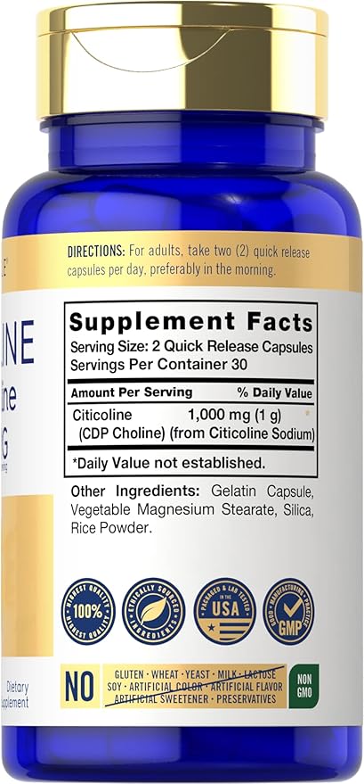 Carlyle Citicoline CDP Choline 1000mg | 60 Capsules | Extra Strength Formula | Non-GMO Gluten Free Supplement