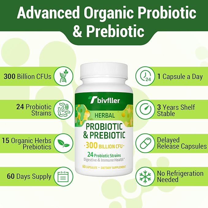 Probiotics for Women Men- 300 Billion CFU 24 Strains Probiotic+15 Organic Herbs Prebiotics Blend Pre and Probiotics for Digestive Health Immune &amp Gut Diarrhea Bloating Vegan 4 Month Supply