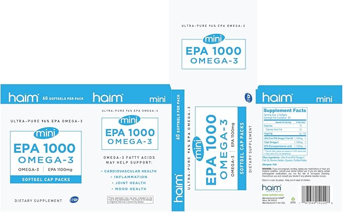 HAIM EPA1000 – High-Potency EPA Fish Oil Supplement – 1000mg Omega-3 for Heart Brain &amp Joint Health – Pure Burpless Capsules – 60 Softgels – Made in USA