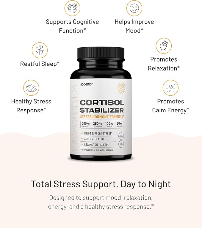 Nootrix Cortisol Manager &amp Stabilizer Supplement | Supports Deep Sleep Relaxation Adrenal Health &amp Stress | 300mg Ashwagandha | L-Theanine Rhodiola Rosea Extract &amp Apigenin | 90 Capsule