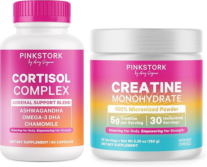 Pink Stork Stress Support Supplements for Women | Cortisol Complex with Adaptogens &amp Creatine Monohydrate Powder | Energy Focus Hormone Mood &amp Cognitive Wellness for Women