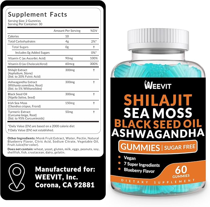 Shilajit Sea Moss Ashwagandha Gummies with Turmeric Black Seed Oil Vitamin C D for Men &amp Women Shilajit and Ashwagandha Gummy All in 1 Supplements for Immune Absorption &amp Energy Support