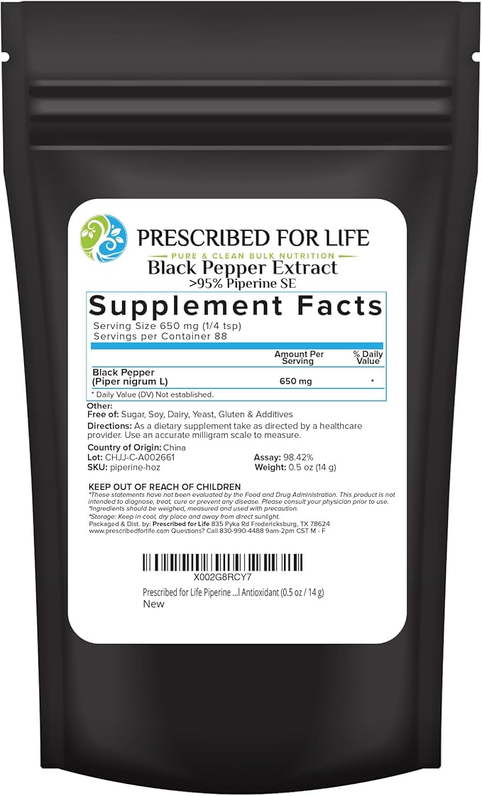 Prescribed For Life Piperine Powder 95% Black Pepper Extract Powder Gluten Free Vegan Non GMO Natural Antioxidant (14g)