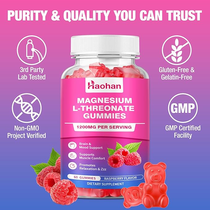 Magnesium L-Threonate 1200mg Gummies to Support Focus &amp Muscles Sugar-Free Raspberry Flavor 120 Count for Adults &amp Kids