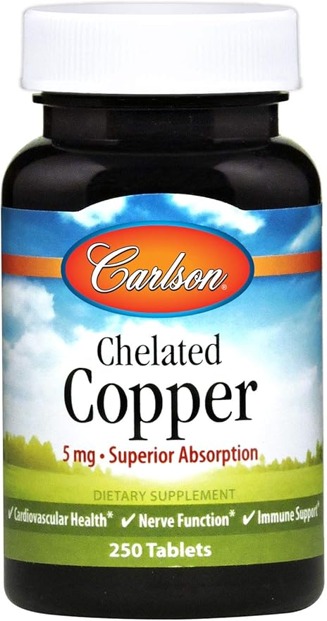 Carlson - Chelated Copper 5 mg Superior Absorption Circulation Health Nerve Function &amp Immune Support 250 Tablets