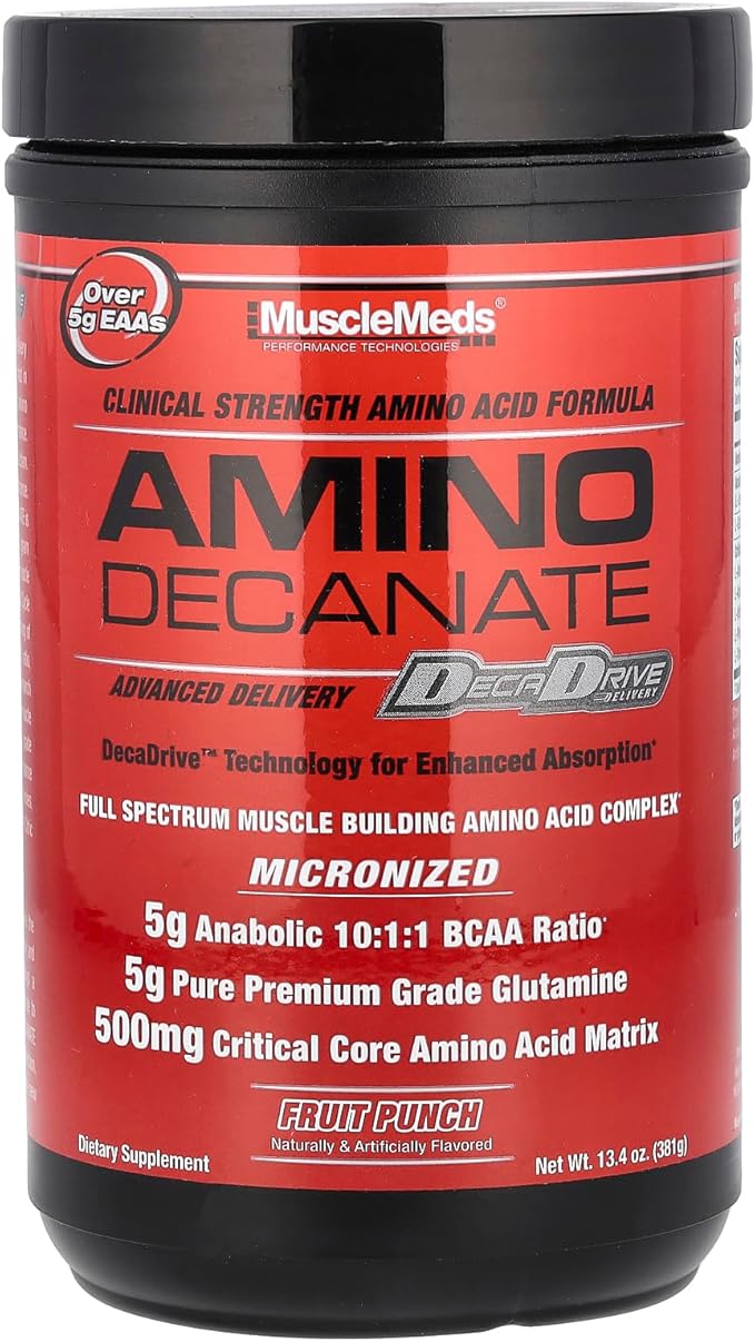 MuscleMeds Amino DECANATE Intra Post Workout Drink Full Spectrum Amino Acid Complex Leucine Muscle Recovery Fruit Punch 30 Servings