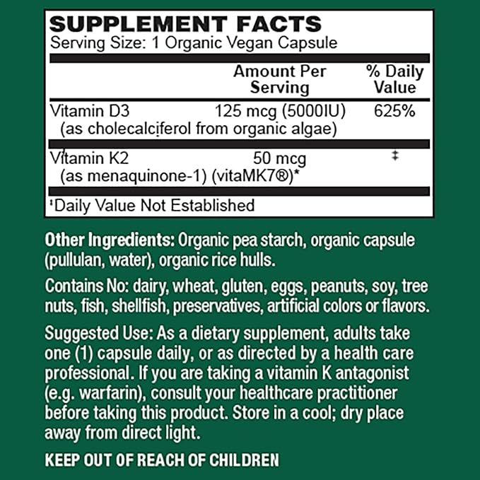 PlantFusion Organic Vegan Vitamin D3 + K2 5000 IU 50MCG – Vitamin D Sourced from Plant Based Lichen and Vitamin K2 for Immune Support and Bone Health - 120 Capsules