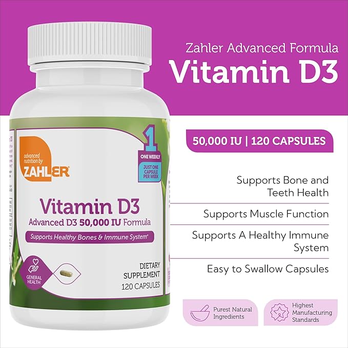 Zahler - Advanced Vitamin D3 50000 IU capsules (120 Count) Kosher Vegetarian Friendly Vitamin D for Immune Support Bone Teeth &amp Muscle Health - Weekly D3 Vitamin Supplement- Easy Swallow Vitamin