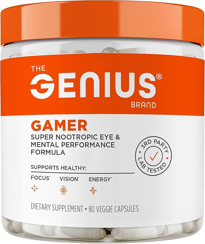 Genius Gamer Gaming Focus Supplement 80 Pills - Elite Nootropic Performance Booster - Boost Brain &amp Mental Clarity Reaction Time &amp Concentration - Blue Light Support with Lutemax
