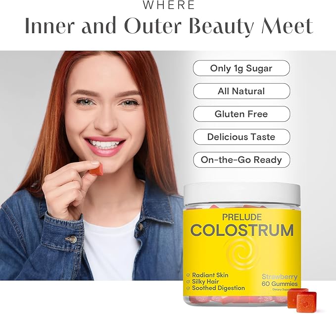 Prelude Bovine Colostrum Chews for Gut Health Bloating &amp Beauty for Women &amp Men - Grassfed Colostrum Gummies for Digestive Health Immunity &amp Overall Wellness - Colostrum Supplement Made i