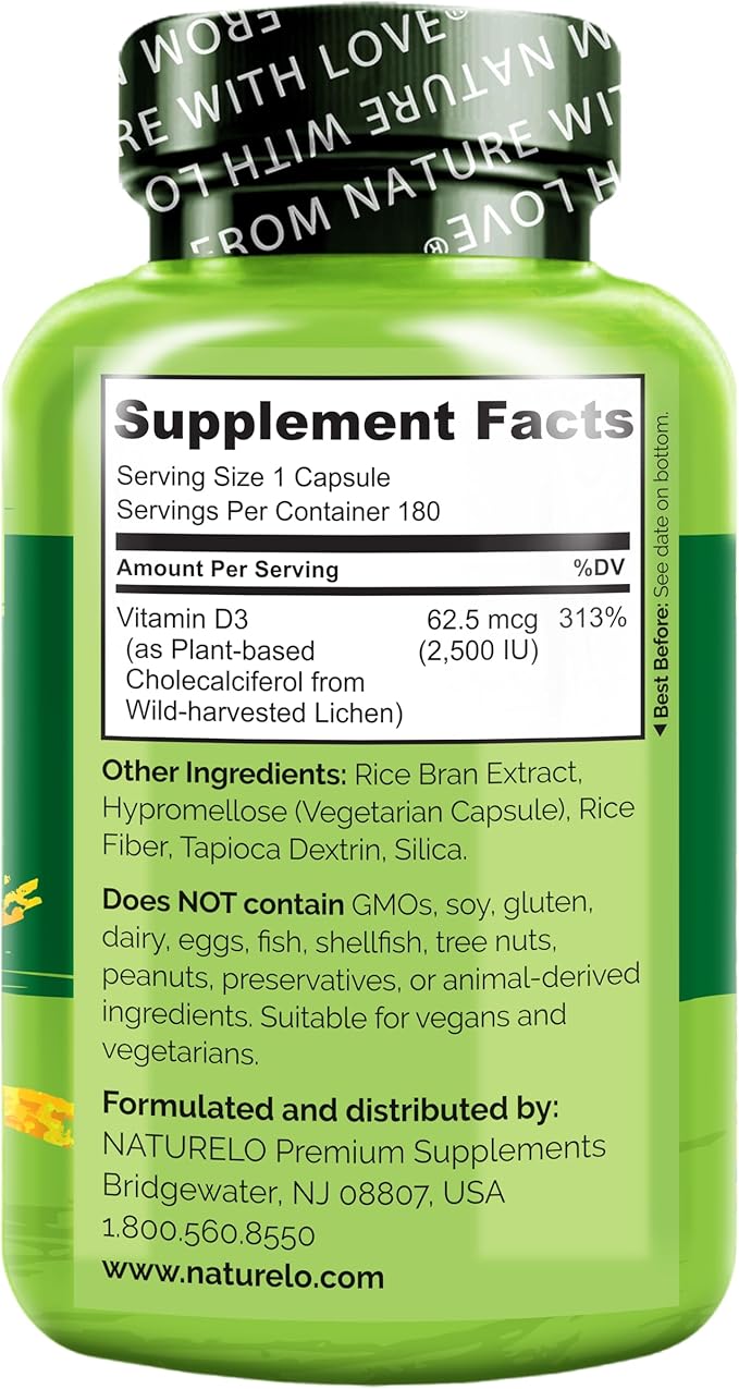 NATURELO Vitamin D - 2500 IU - Plant Based from Lichen - Natural D3 Supplement for Immune System Bone Support Joint Health - Vegan - Non-GMO - Gluten Free - 180 Capsules