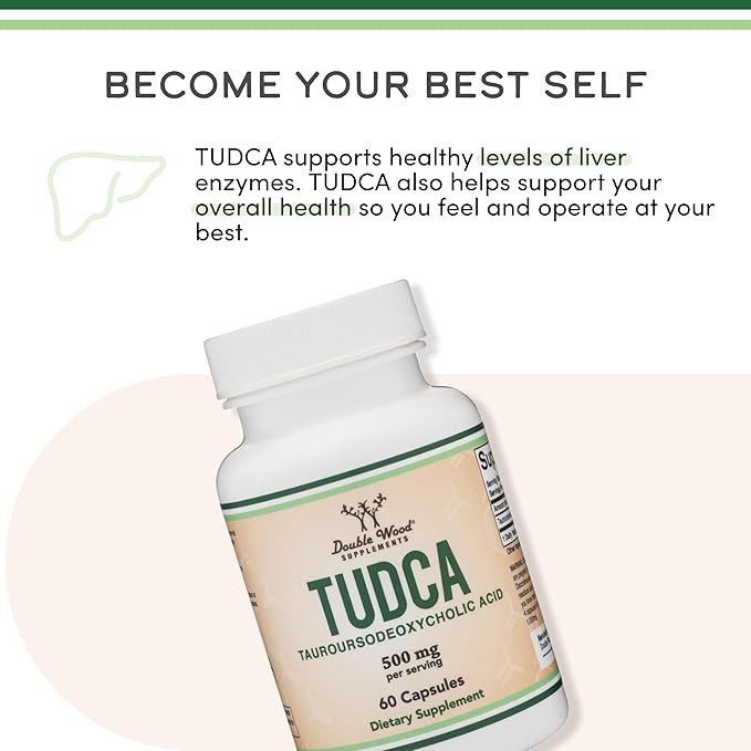 TUDCA Bile Salts Liver Support Supplement 500mg Servings Liver and Gallbladder Cleanse Supplement (60 Capsules 250mg) Genuine Bile Acid TUDCA with Strong Bitter Taste by Double Wood
