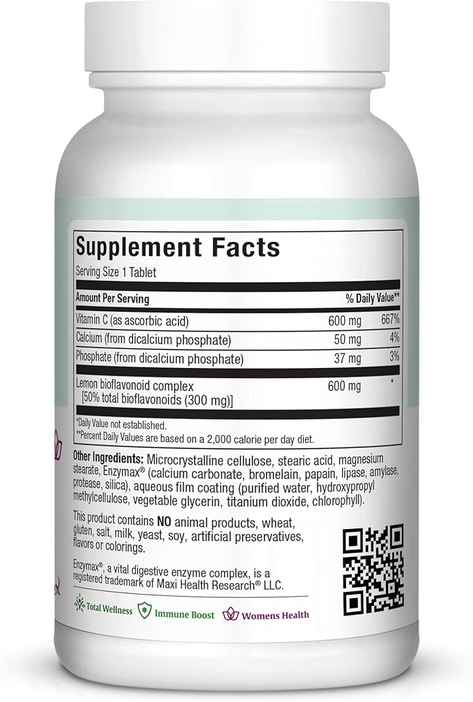 Vitamin C Complex 600 mg Supplement – Recommended Daily Dose Vitamin C Tablets with Lemon Bioflavonoids Calcium &amp Phosphorus – Immune Health Support – Pure-C Bio 600 - Non-GMO Vit C Vegan 90 Tab
