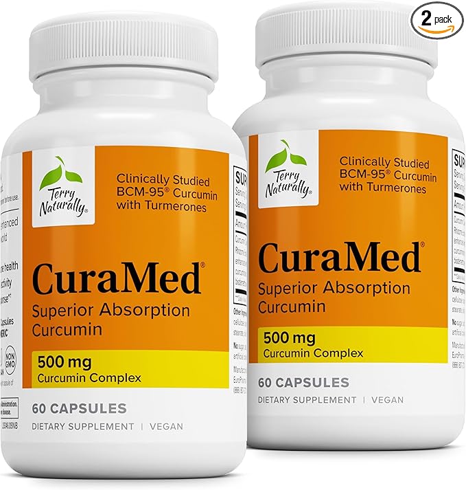 Terry Naturally CuraMed 500mg - Antioxidant Supplement for Brain &amp Immune Health Support - Supplement with Curcumin &amp Turmeric Essential Oil - Herbal Liver Support - 60 Capsules (Pack of 2)