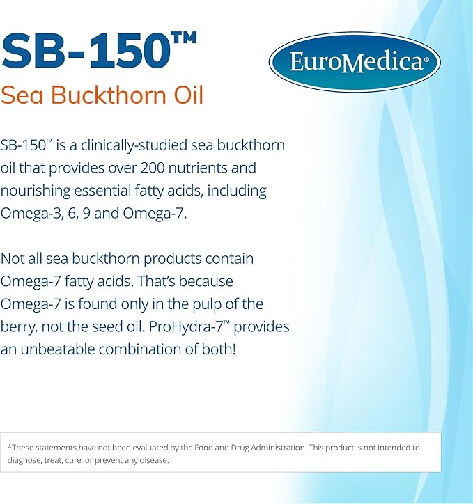 EuroMedica ProHydra-7 - Skin Health Support Supplement with Omega-7 Sea Buckthorn Oil - Nutritional Supplement - Essential Fatty Acid Supplement - 60 Softgels