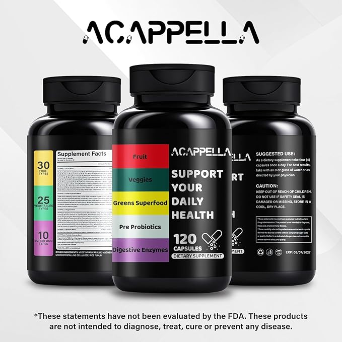 ACAPPELLA Fruit and Veggies Capsule with Greens Superfood Extract Digestive Enzymes with Probiotics and Prebiotics Fruits and Vegetables Supplements for Men and Women (1)
