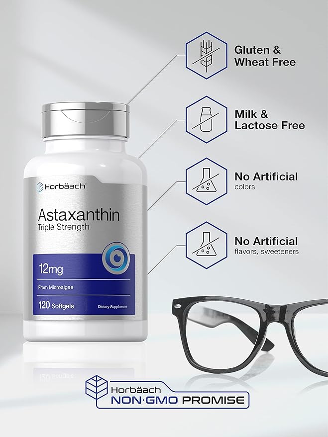 Horbäach Astaxanthin Supplement | 12mg | 120 Softgels | Triple Strength | from Microalgae | Non-GMO &amp Gluten Free