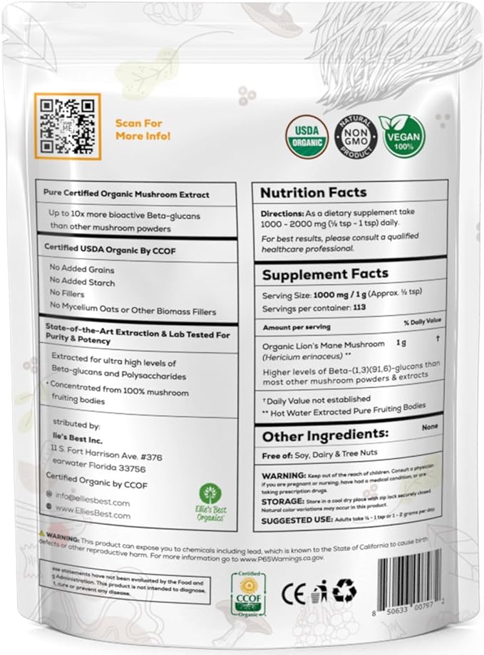 Ellie's Best Lions Mane Mushroom Extract Powder Supplement Organic 114 Servings - Double Extracted for Highest Potency - Dissolves in Coffee Tea Juice etc.4oz