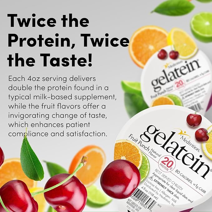 Gelatein Fruit Punch: 20 grams of protein. Sugar free. Ideal for clear liquid diets swallowing difficulties bariatric dialysis and oncology. Great pre or post-workout snack. (36 pack)