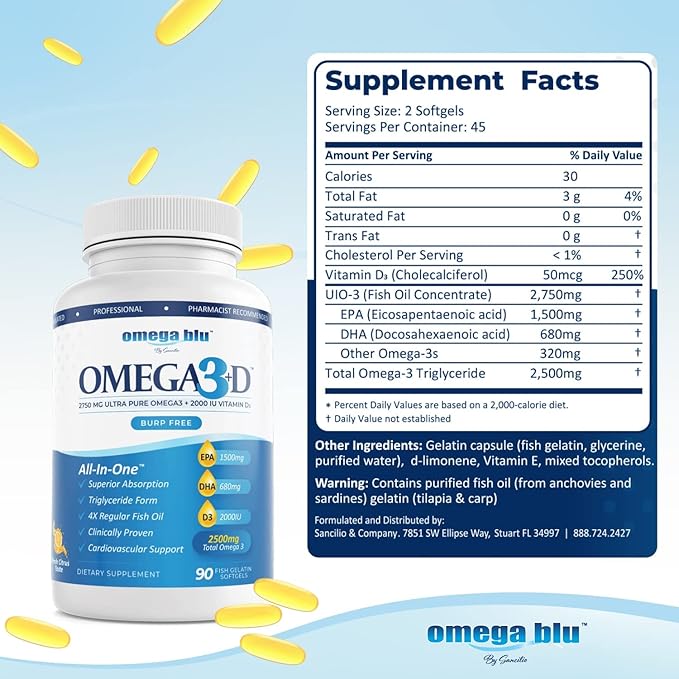 Triple Strength Pharmaceutical Grade Fish Oil 2750mg - Vitamin D3 50mcg - 1500mg EPA - 680mg DHA - Heart - Cholesterol - LDL - HDL - No Burps or Heartburn - High Concentration - 90 Servings