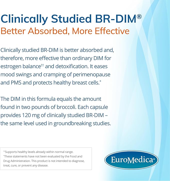 EuroMedica DIM + Curcumin - Estrogen Balance Support Supplement - Dietary Supplement with Curcumin &amp Grape Seed Extract - Turmeric Essential Oil for Healthy Metabolism Support - 30 Capsules