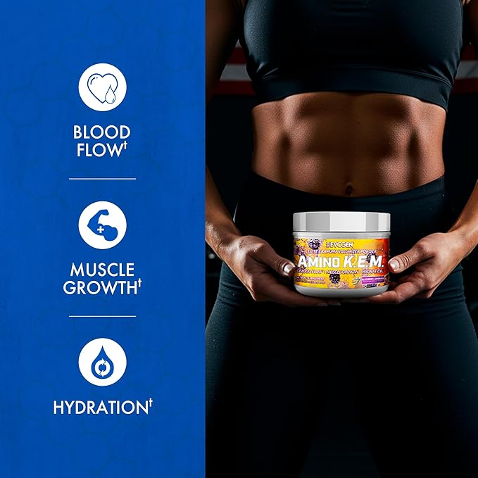 Evogen Amino K.E.M. - EAA &amp BCAA Powder Pump Volumizer | BCAAs Amino Acids Supplement for Blood Flow Muscle Growth &amp Hydration | BlackBerry Lemonade | 30 Servings