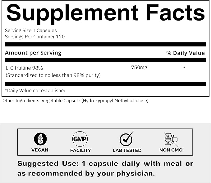 Clean Label L Citrulline Supplement – Supports Muscle Health Boosts Nitric Oxide Pre-Workout Amino Acid Supplements for Men &amp Women – 120 Veg Capsules