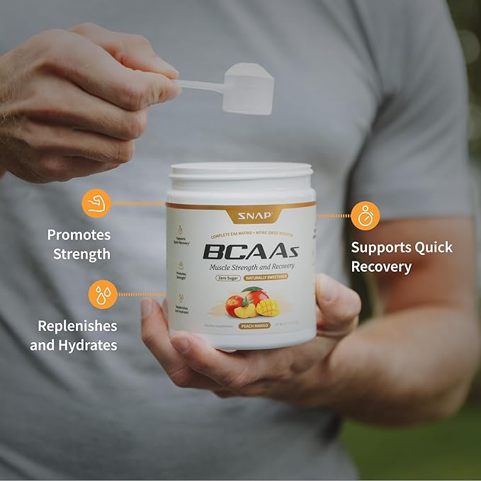 Snap Supplements BCAA Powder - 5g Vegan Branched Chain Amino Acids (2:1:1 Leucine Isoleucine Valine) + Essential Amino Acids with Nitric Oxide Booster 30 Servings Peach Mango